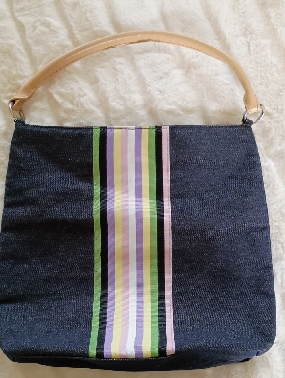 Victoria's Secret Denim Shoulder Bag with Multistripe Accent and Tan Handle